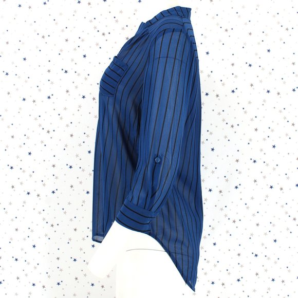 3/4 Sleeve Sheer Stripe Blouse Top Royal Blue - Picture 4 of 7